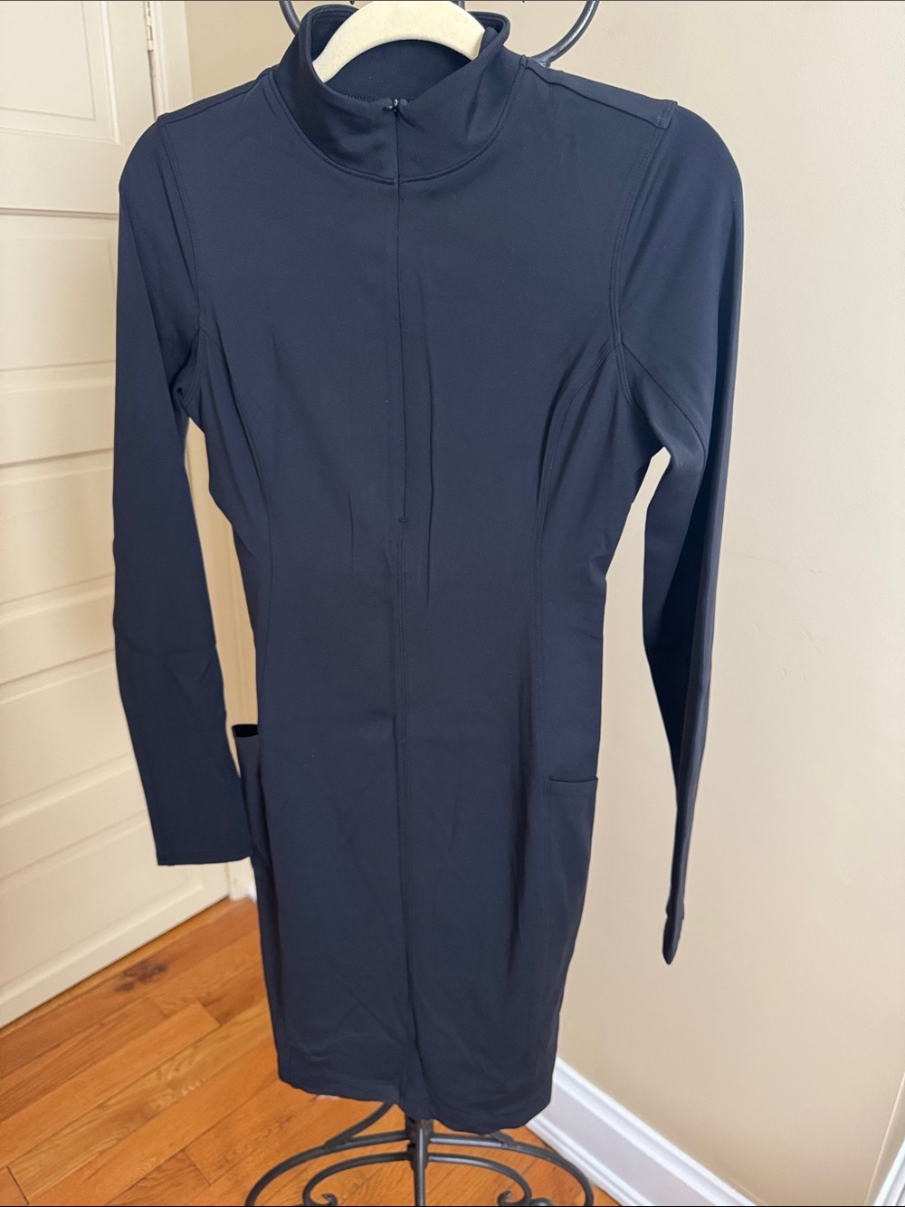 Athleta Delancey Black Long Sleeve Zip-Front Bodycon Dress